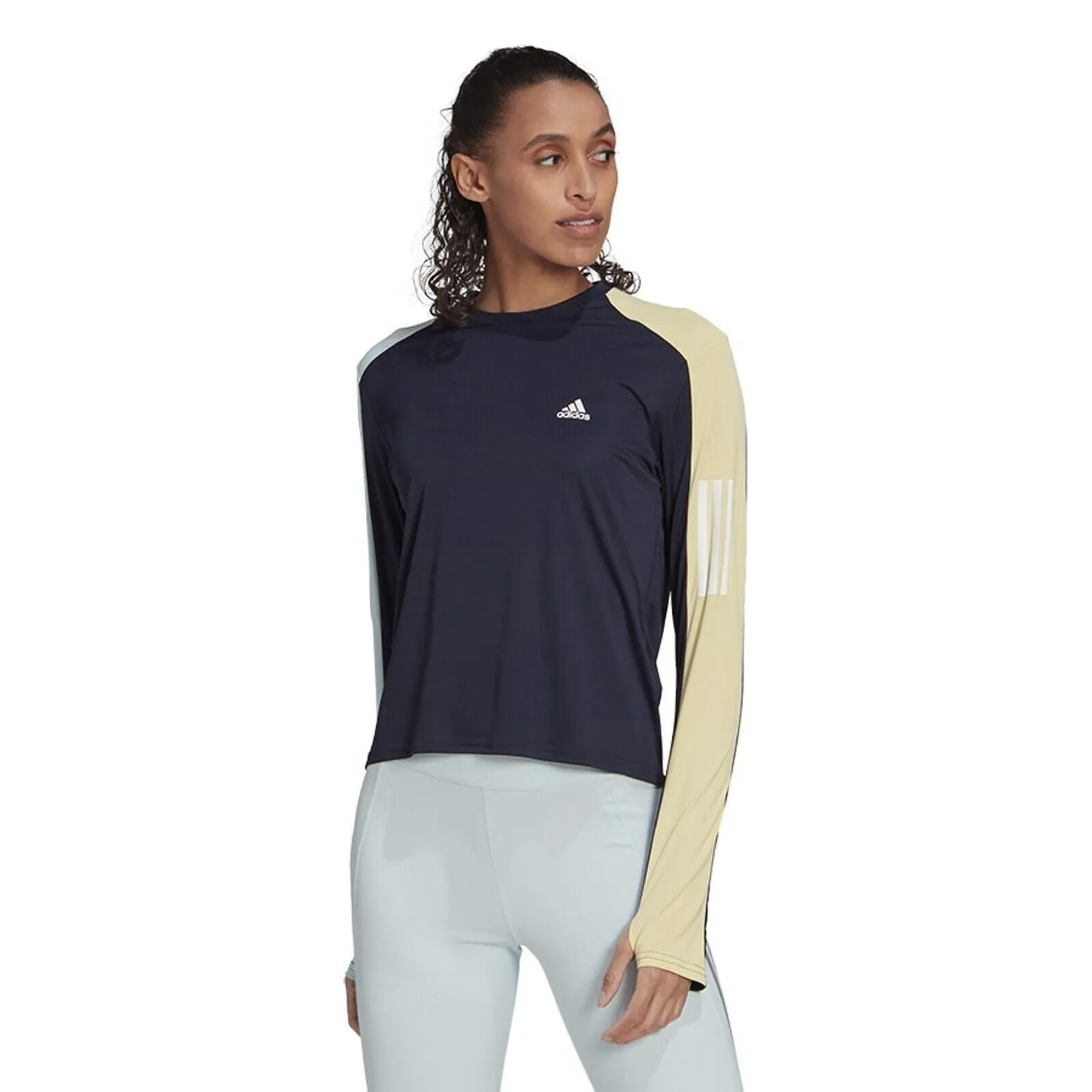 adidas Women's Running Top - Own The Run Colorblock Long-Sleeve - Dark Blue/Yellow