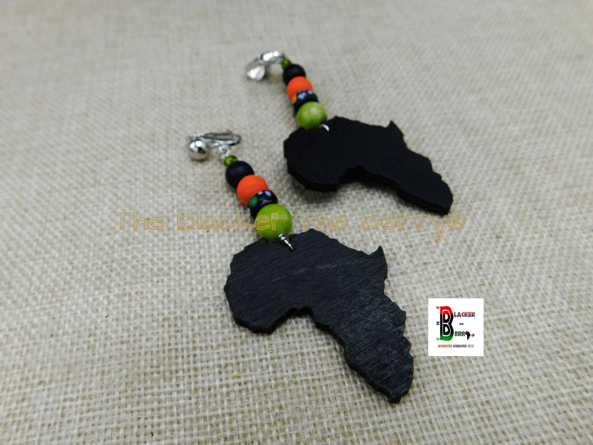 African Handmade Women's Non-Pierced Clip-On Earrings - Beaded Orange and Green