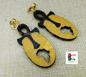 Ankh Clip On Earrings - African Wood Handmade, Hand Painted - Gold & Black Afrocentric Non-Pierced Jewelry.