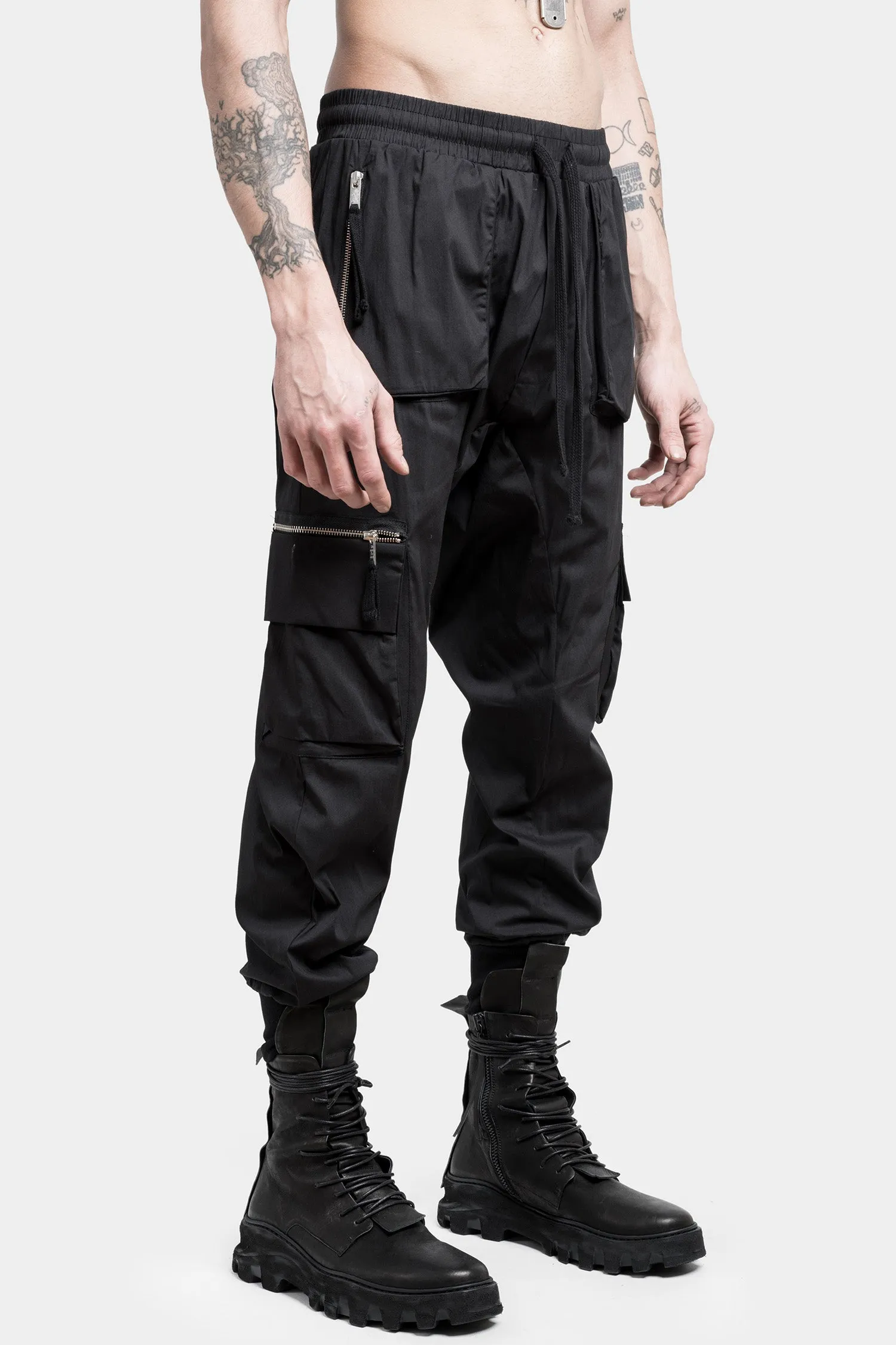 Black cargo pants with zip pocket.