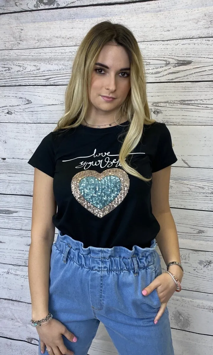 black T-shirt with gold and blue sequins, Love Yourself