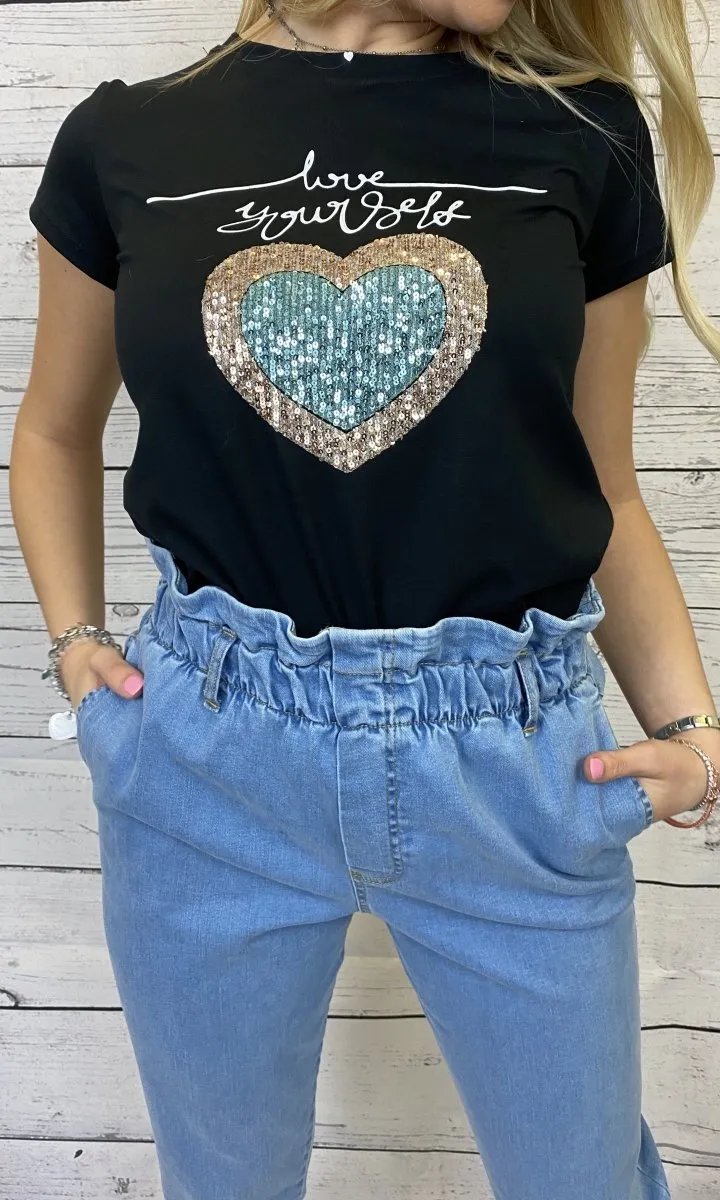 black T-shirt with gold and blue sequins, Love Yourself