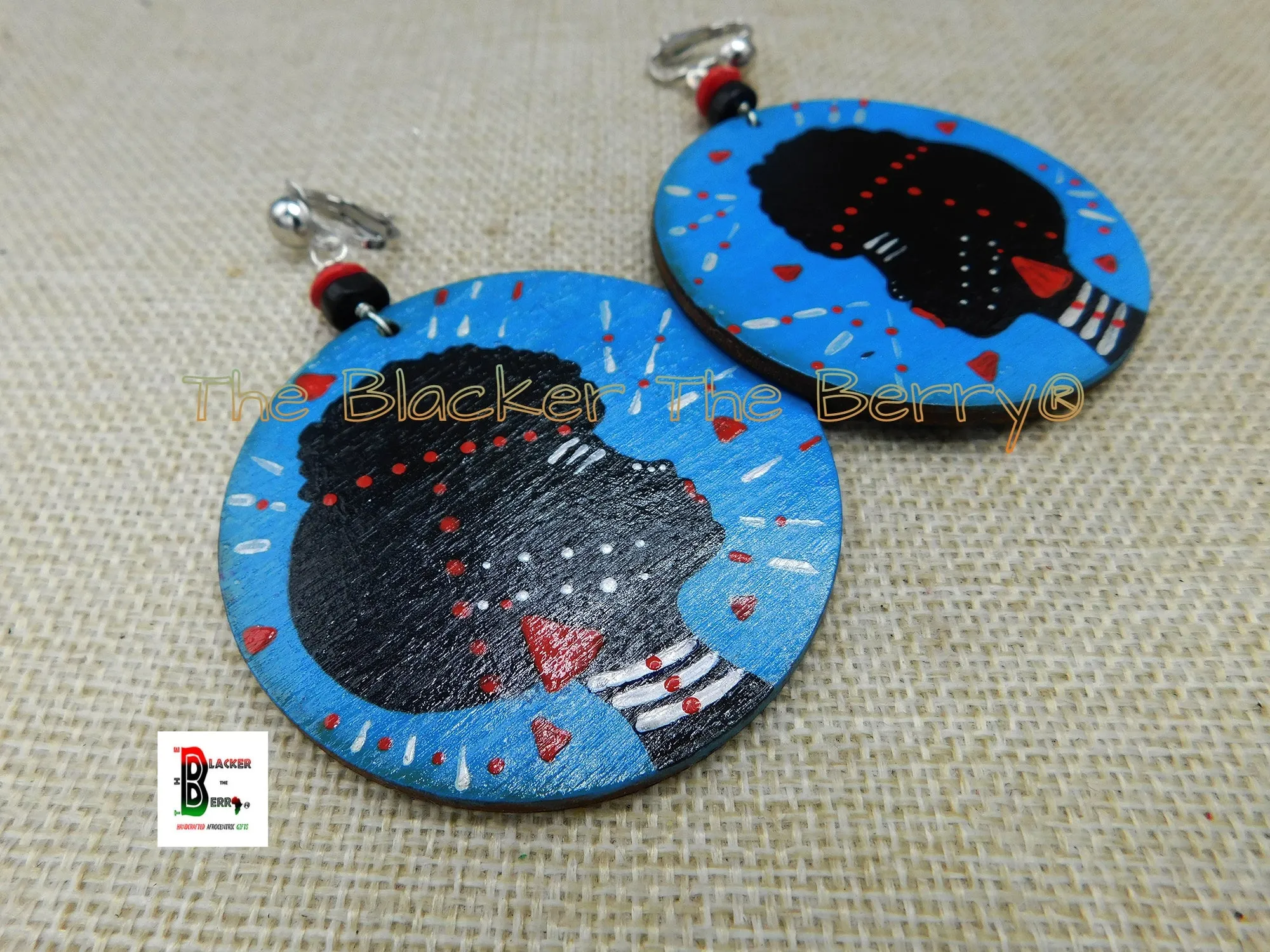 Black Women Clip-On Earrings, Hand Painted Red Blue, Handmade, Non Pierced