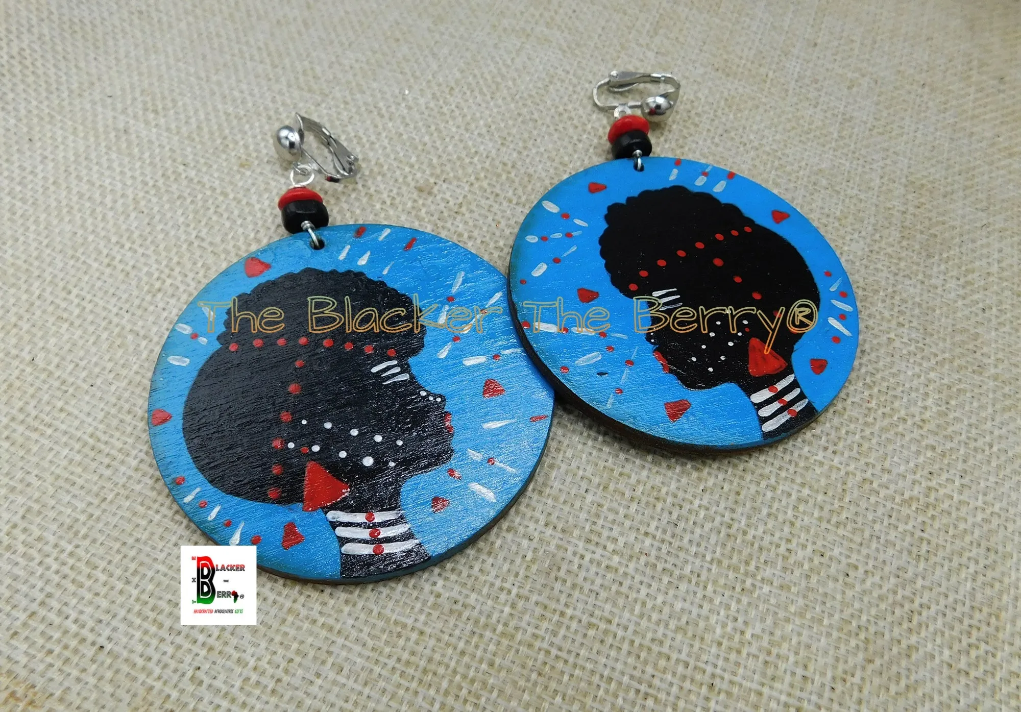 Black Women Clip-On Earrings, Hand Painted Red Blue, Handmade, Non Pierced