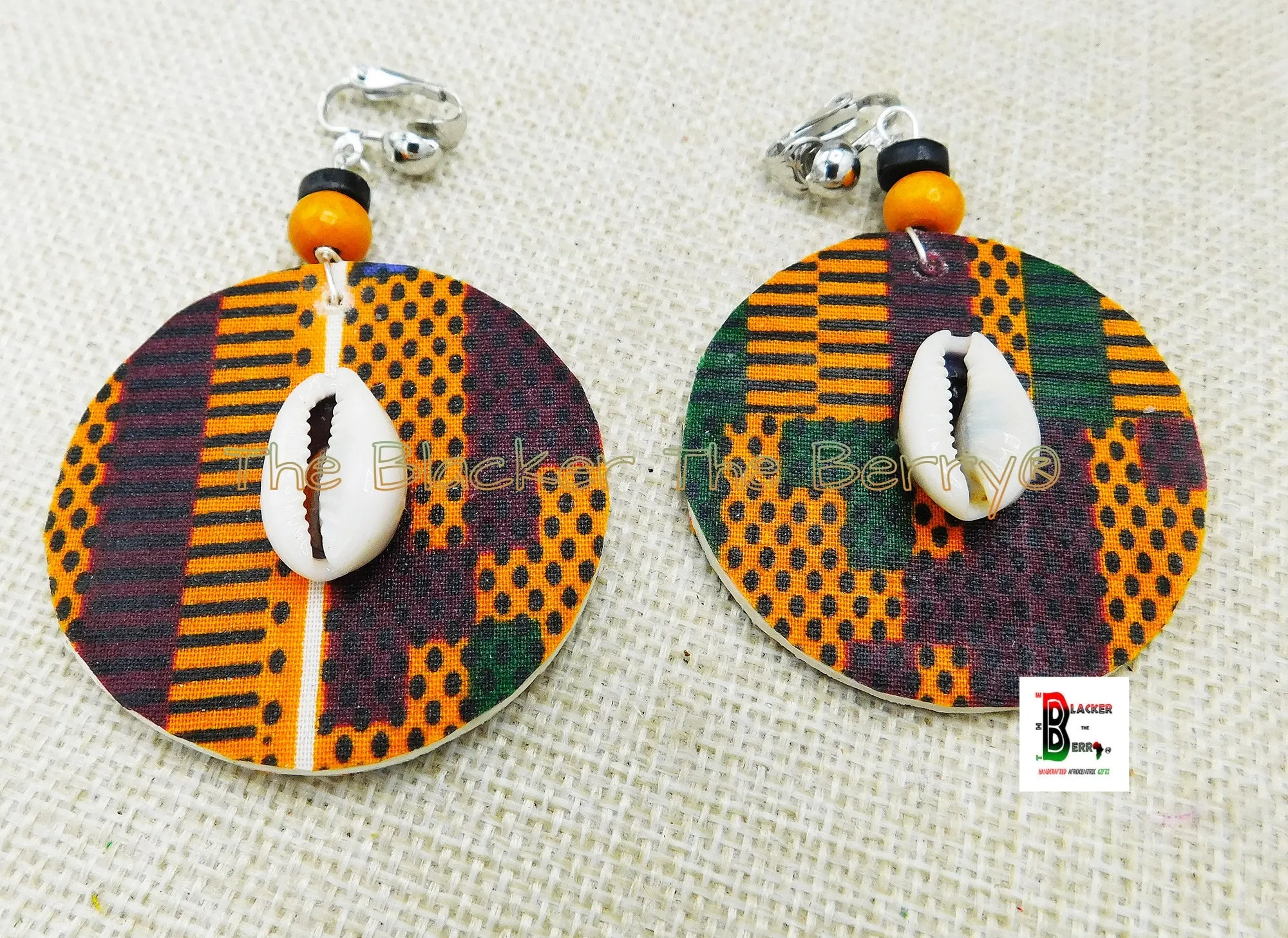 Clip On Earrings - African Jewelry - Cowrie - Ankara - Handmade - Black Owned - Wooden