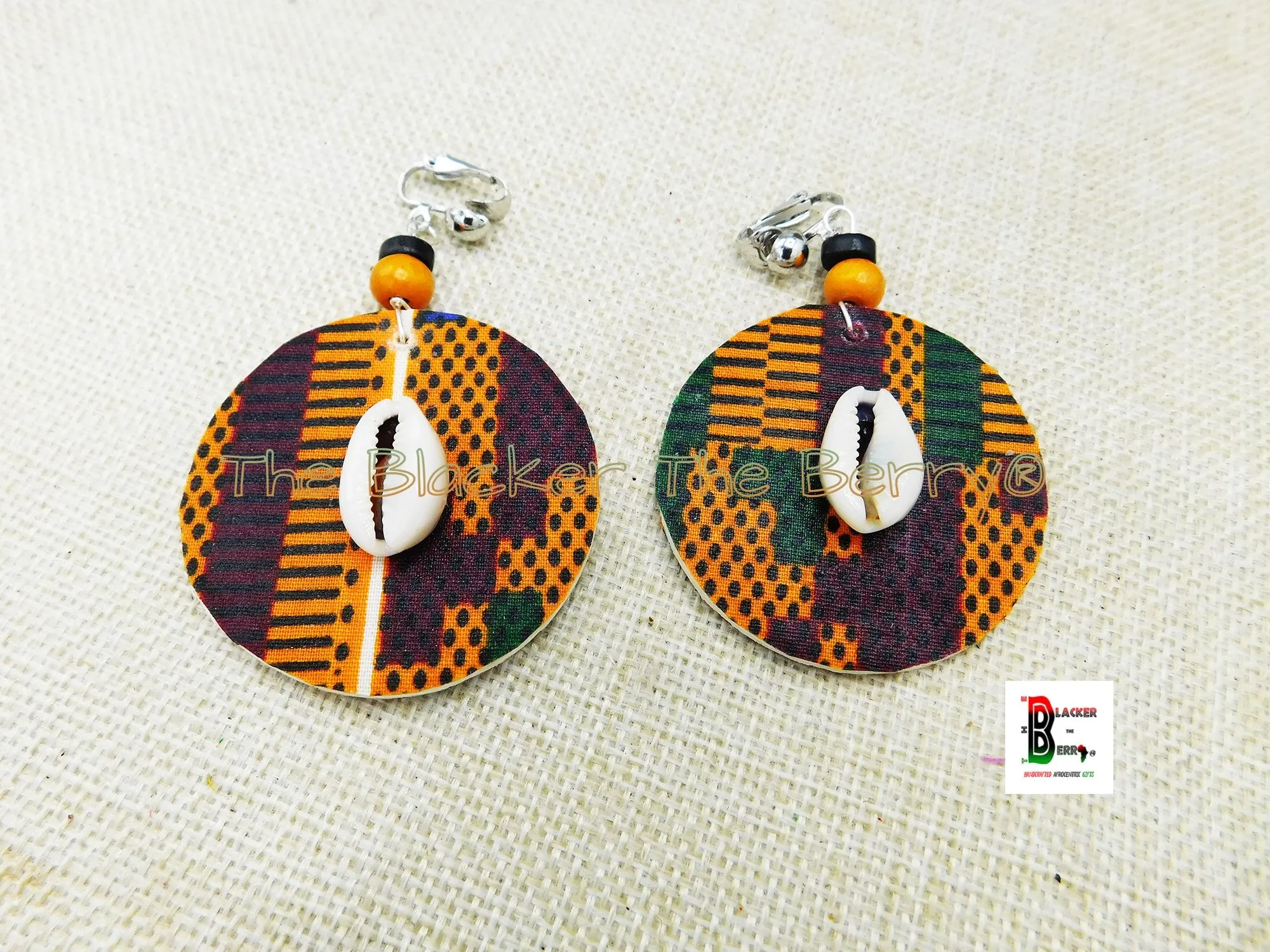 Clip On Earrings - African Jewelry - Cowrie - Ankara - Handmade - Black Owned - Wooden