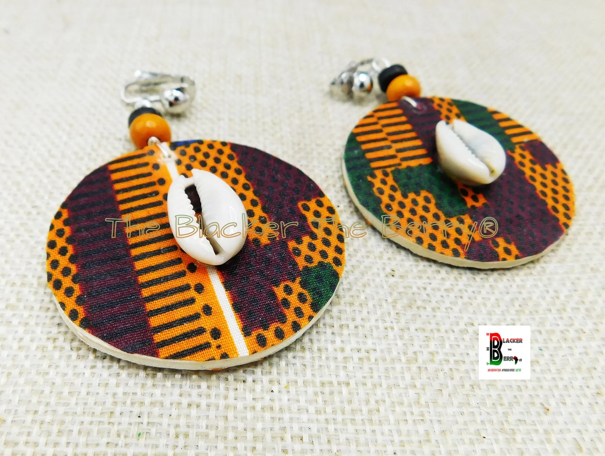 Clip On Earrings - African Jewelry - Cowrie - Ankara - Handmade - Black Owned - Wooden