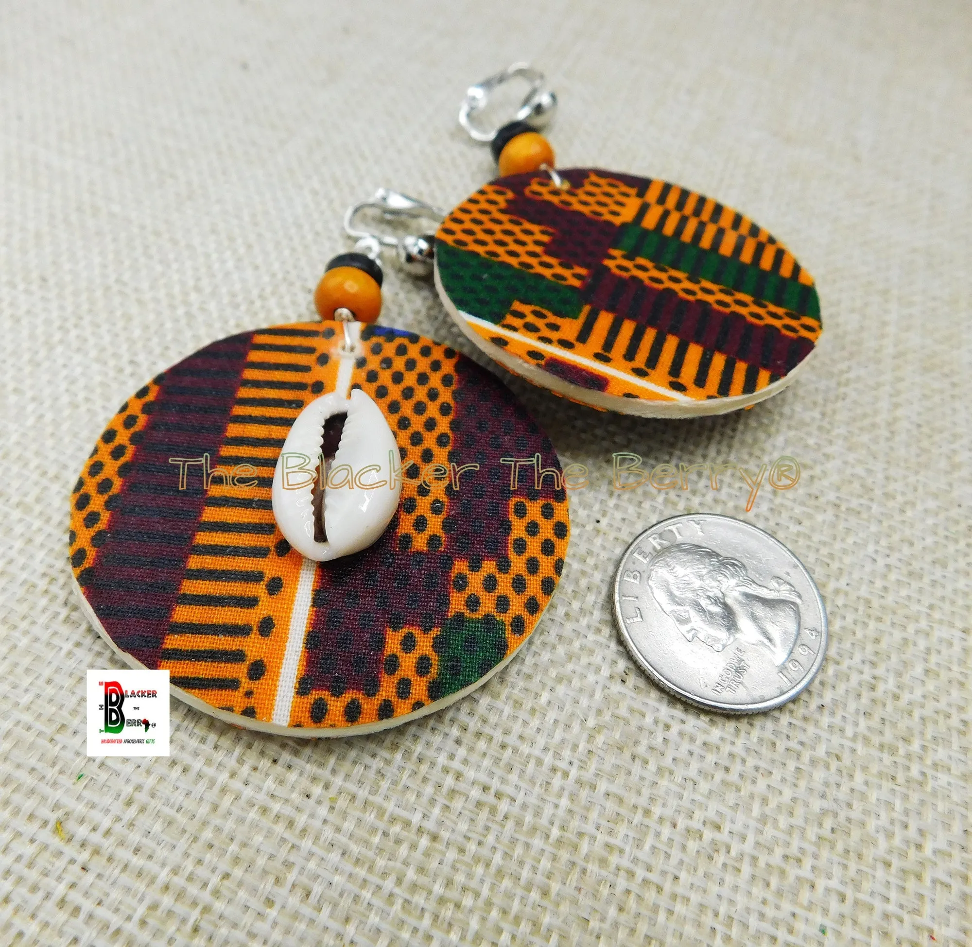 Clip On Earrings - African Jewelry - Cowrie - Ankara - Handmade - Black Owned - Wooden