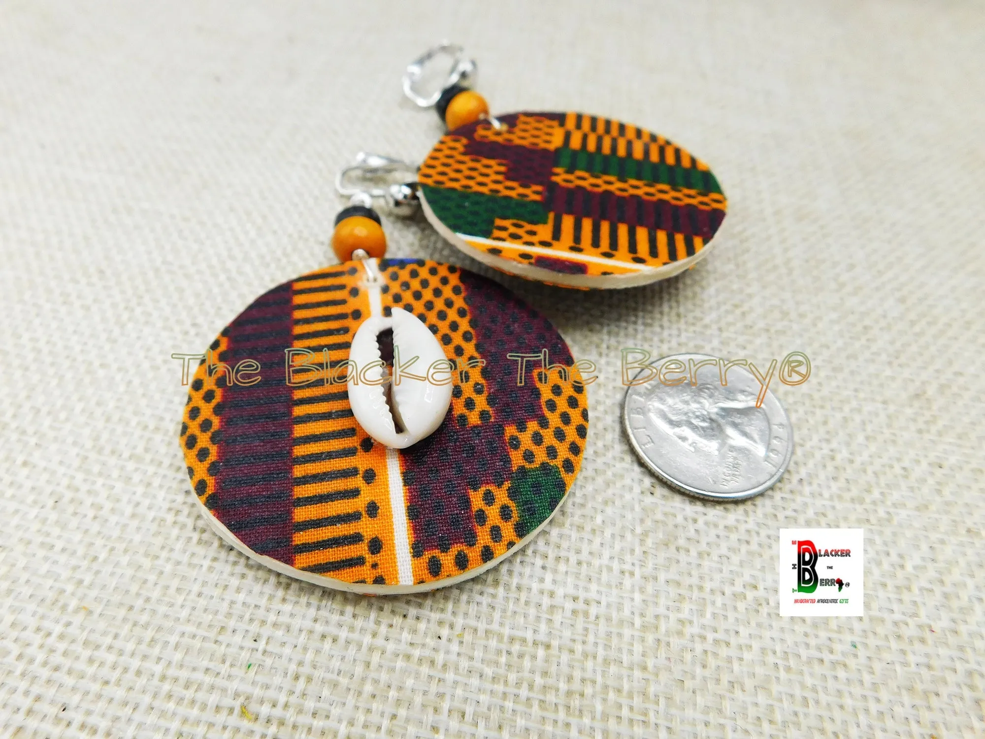 Clip On Earrings - African Jewelry - Cowrie - Ankara - Handmade - Black Owned - Wooden