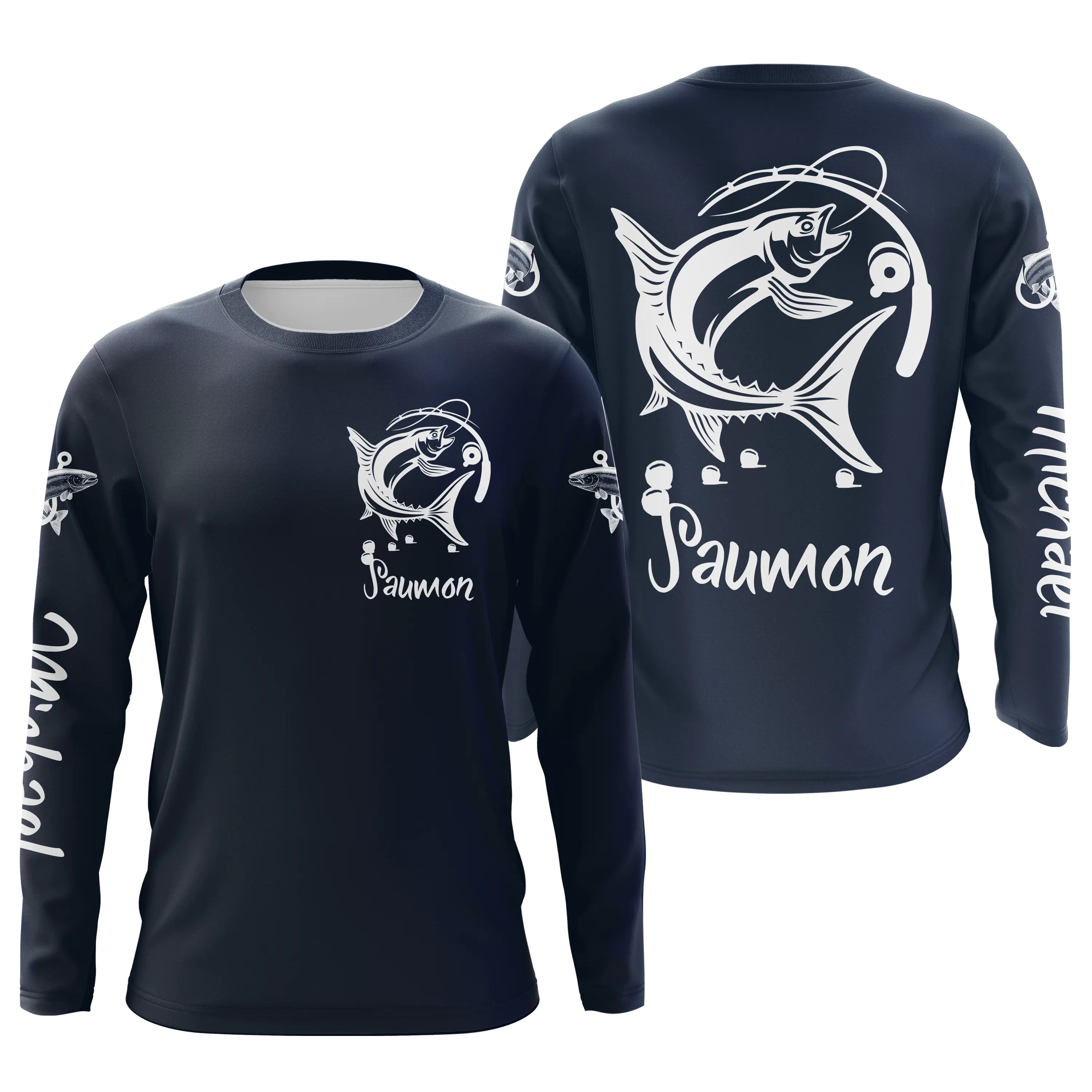 Custom Salmon Fishing T-shirt, Perfect Gift for Anglers, Navy Blue UV-Protective Clothing