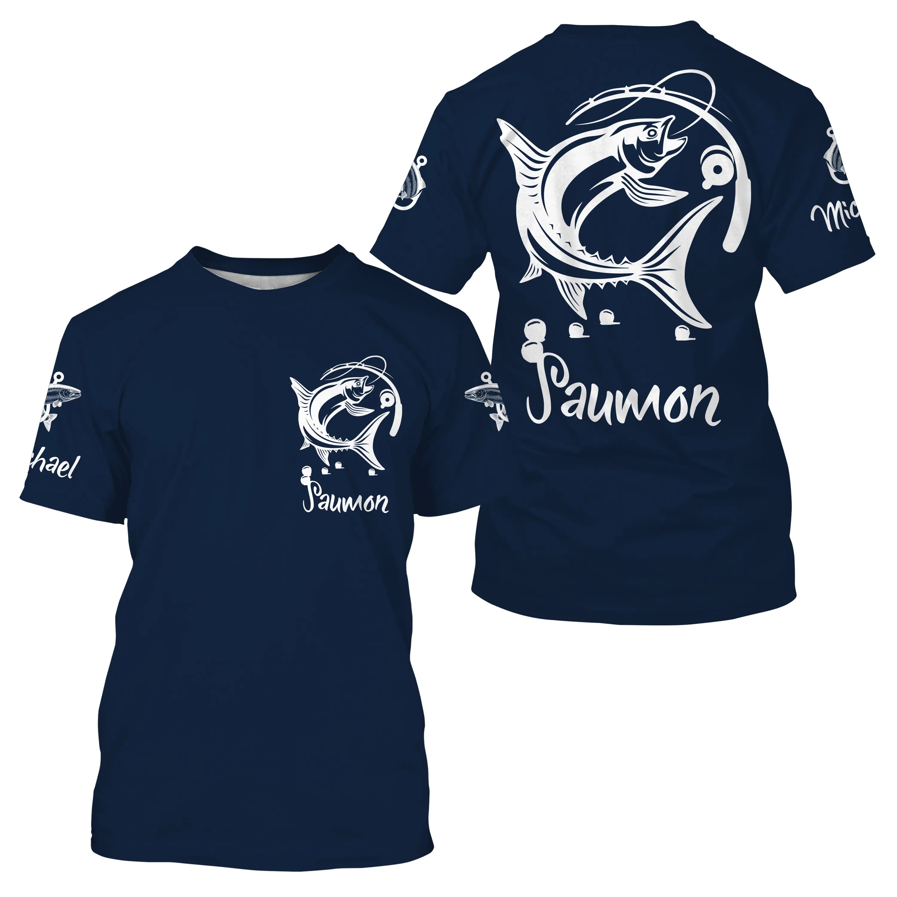 Custom Salmon Fishing T-shirt, Perfect Gift for Anglers, Navy Blue UV-Protective Clothing