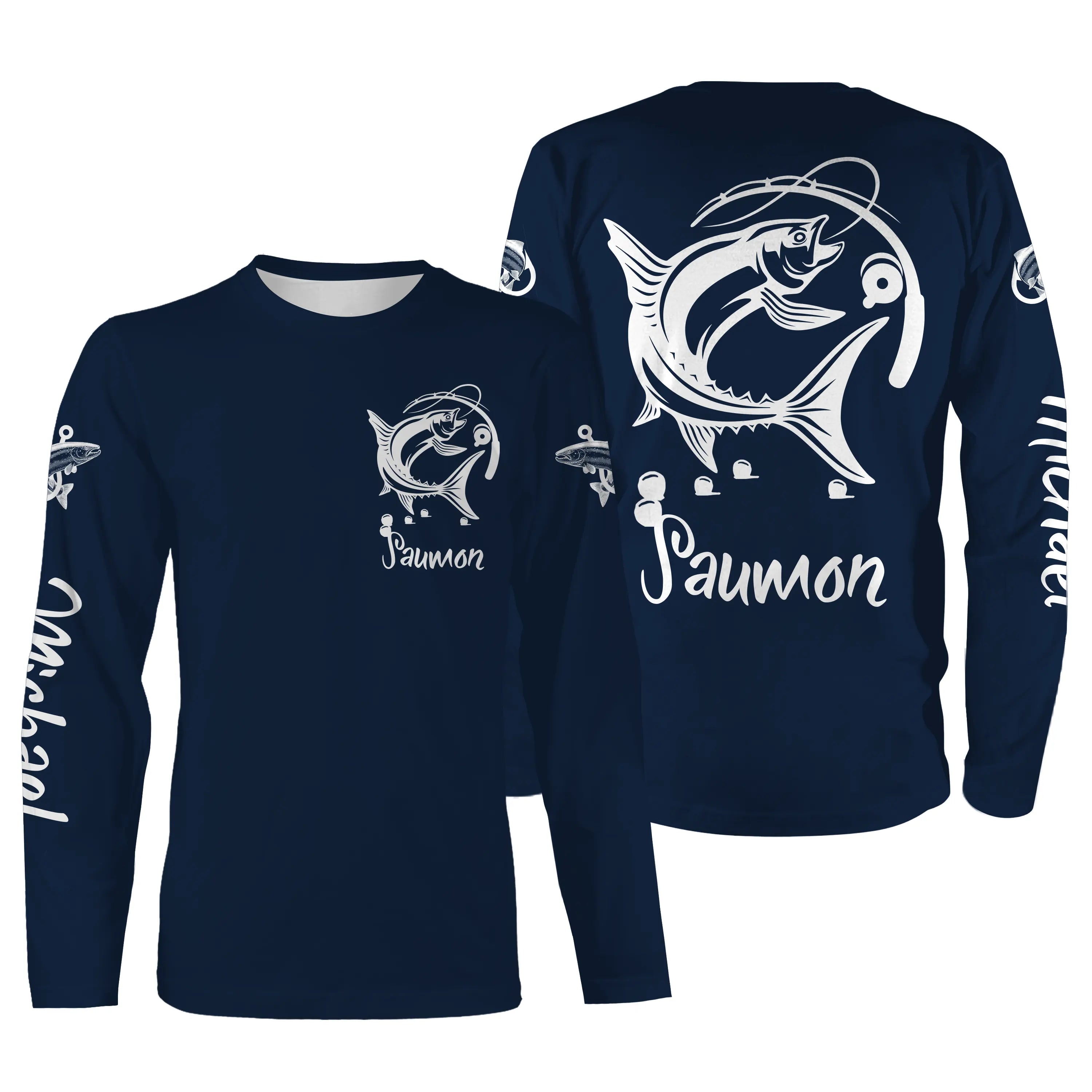 Custom Salmon Fishing T-shirt, Perfect Gift for Anglers, Navy Blue UV-Protective Clothing