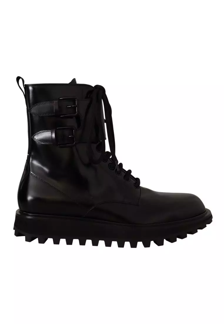 Dolce & Gabbana Dolce & Gabbana Black Leather Combat Lace Up Mens Boots Shoes