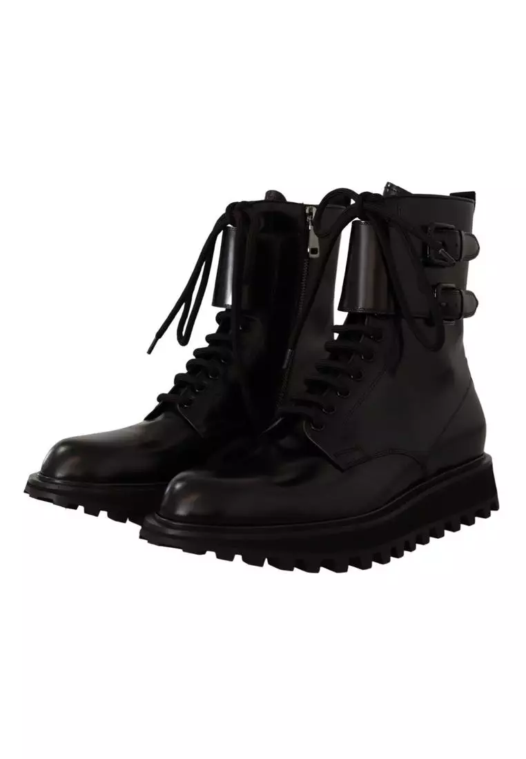 Dolce & Gabbana Dolce & Gabbana Black Leather Combat Lace Up Mens Boots Shoes