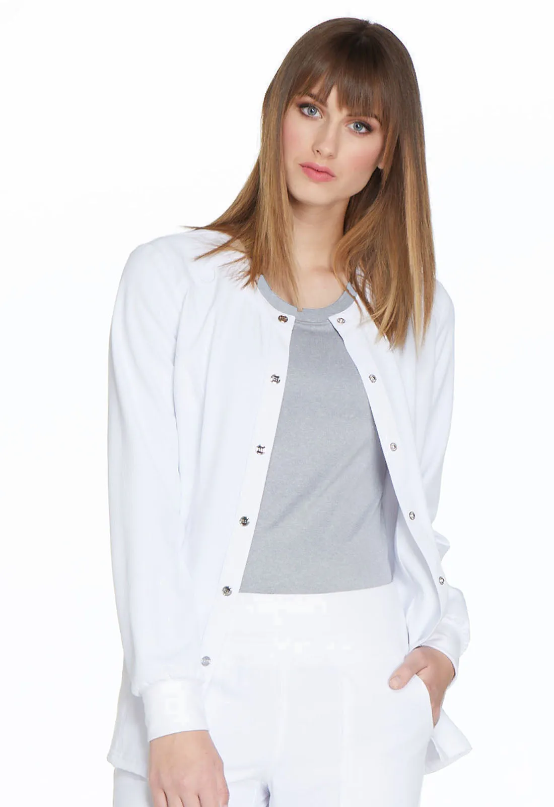 Elle White Snap Front Warm-up Jacket - Simply Polished and Stylish!