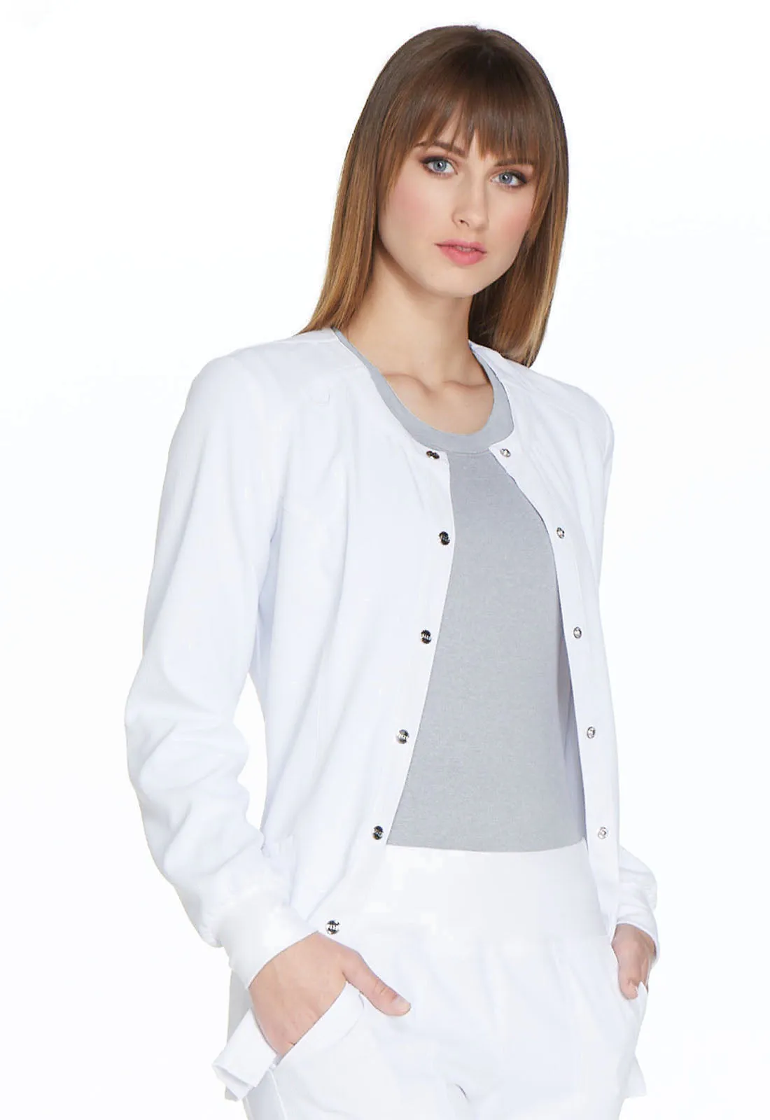 Elle White Snap Front Warm-up Jacket - Simply Polished and Stylish!