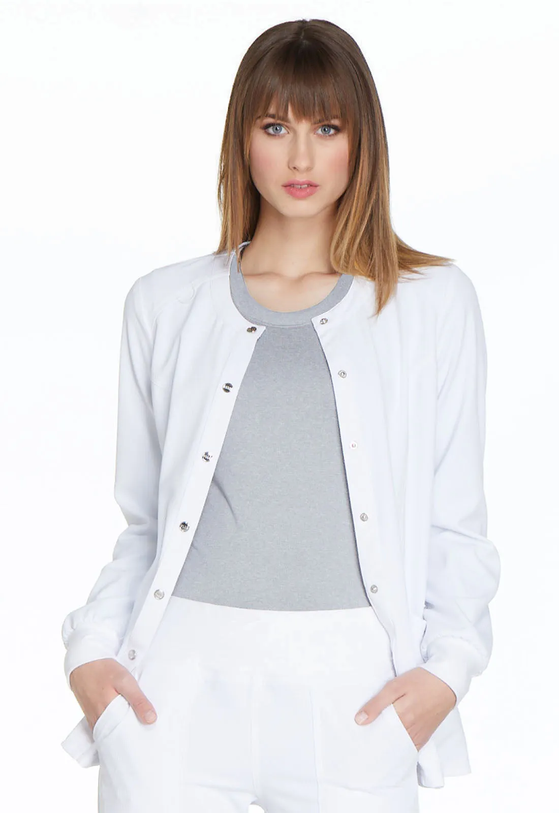 Elle White Snap Front Warm-up Jacket - Simply Polished and Stylish!