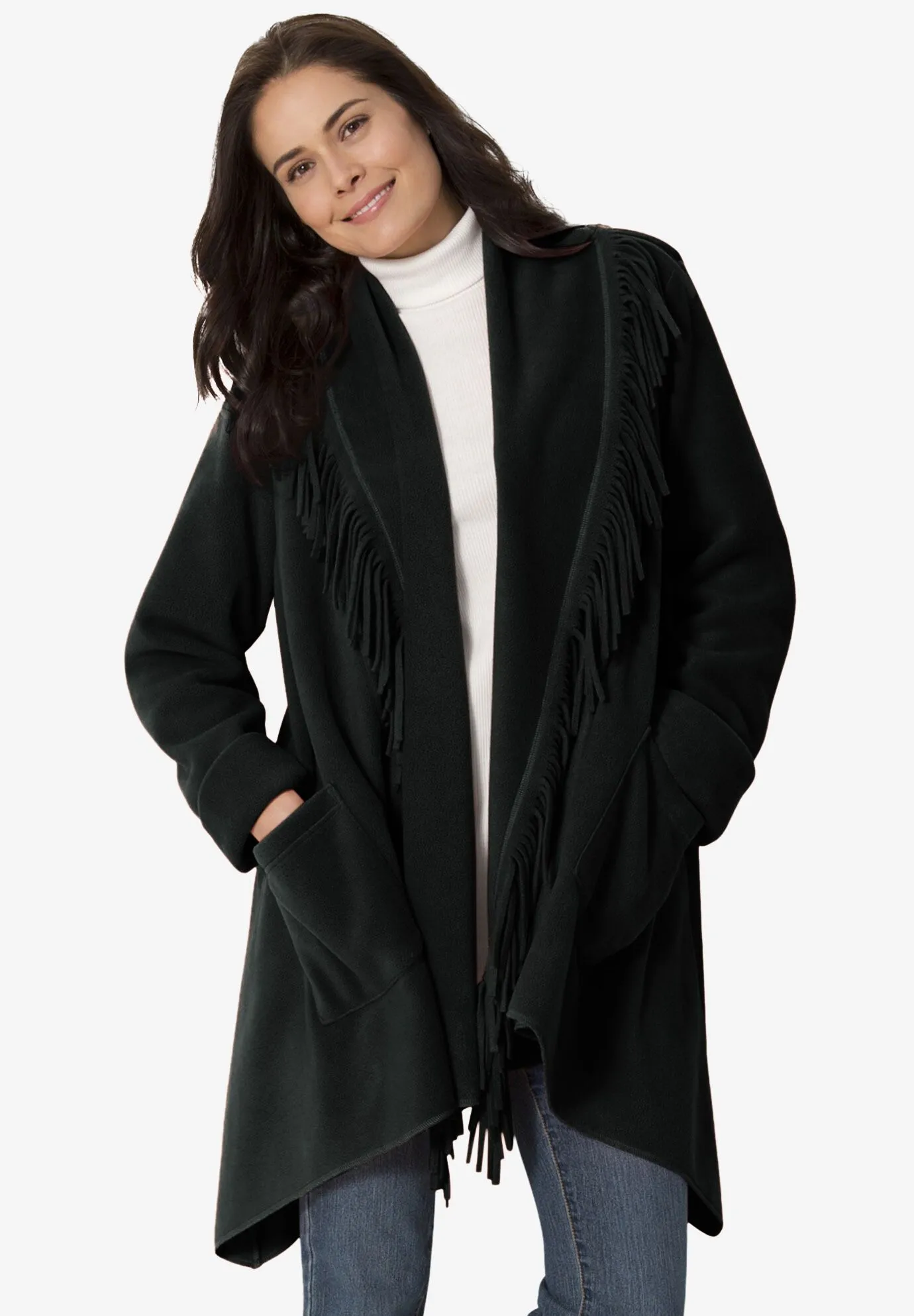 Fringed Shawl Collar Fleece Jacket