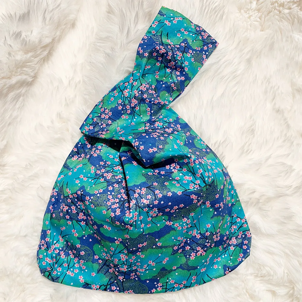 Handcrafted Japanese Knot Bag - Green Floral Small Size.