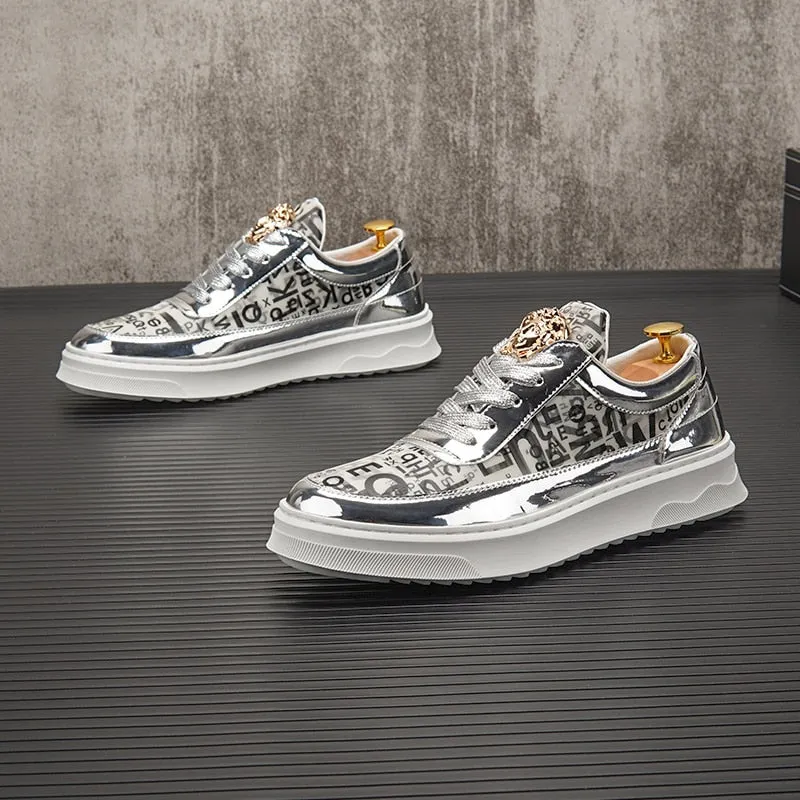 Height increasing sneakers for men with solid pattern, waterproof feature, and rivet lace-up design.