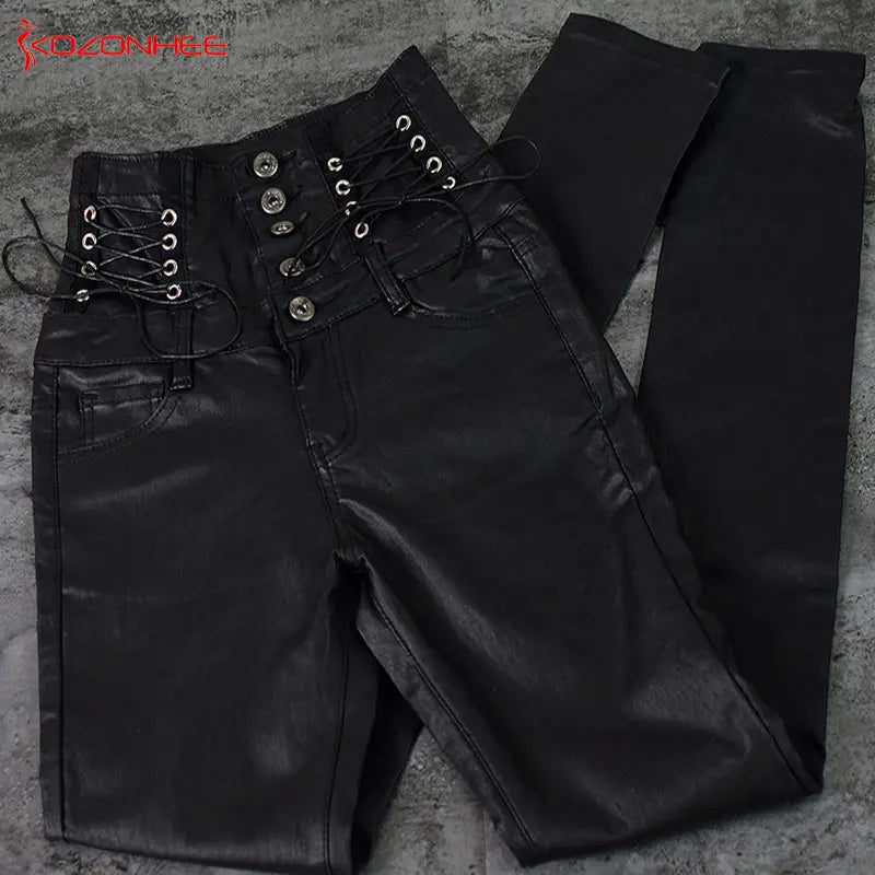 High-Waisted Faux Leather Skinny Pants - Sexy Black Coated Design with Stretch for Comfort. Side Lace-Up Detail