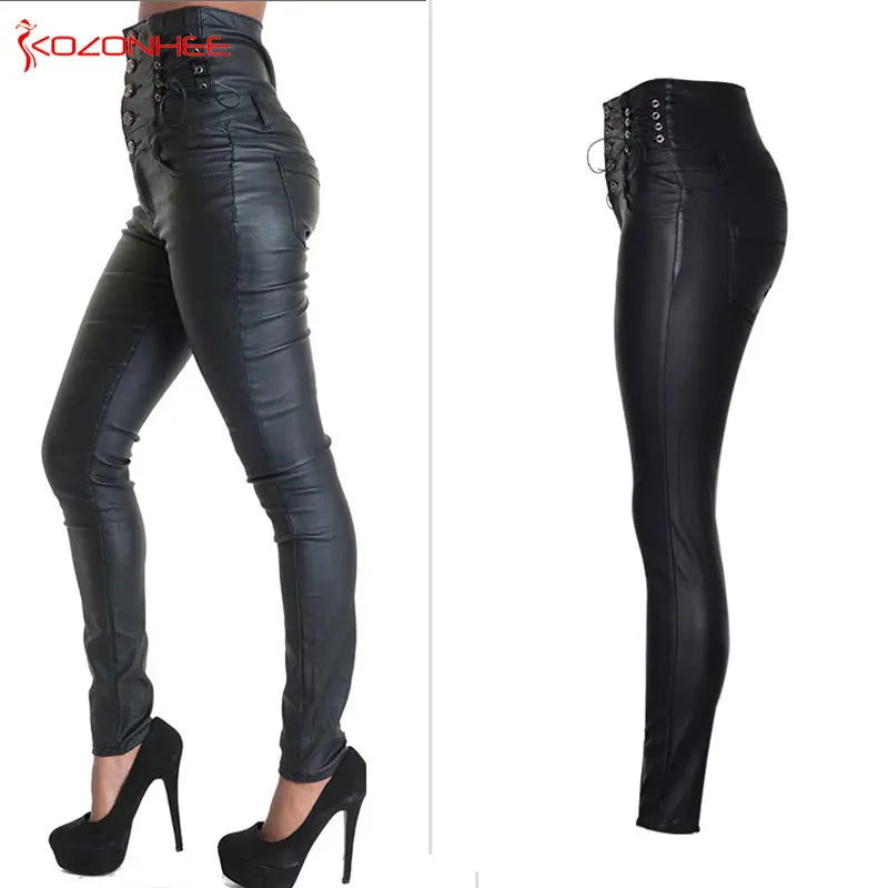 High-Waisted Faux Leather Skinny Pants - Sexy Black Coated Design with Stretch for Comfort. Side Lace-Up Detail