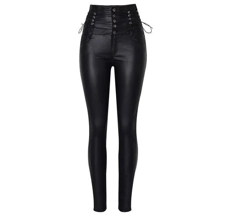 High-Waisted Faux Leather Skinny Pants - Sexy Black Coated Design with Stretch for Comfort. Side Lace-Up Detail