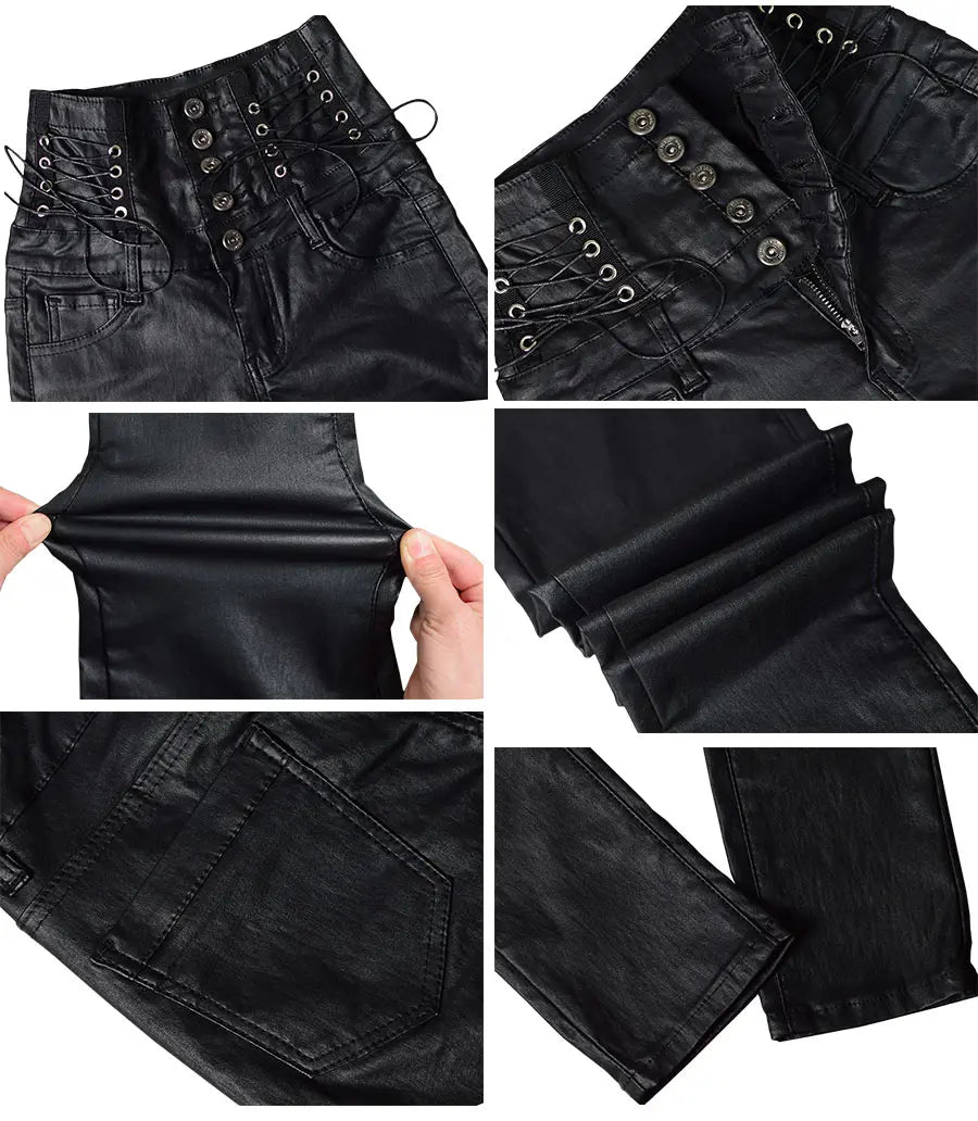 High-Waisted Faux Leather Skinny Pants - Sexy Black Coated Design with Stretch for Comfort. Side Lace-Up Detail