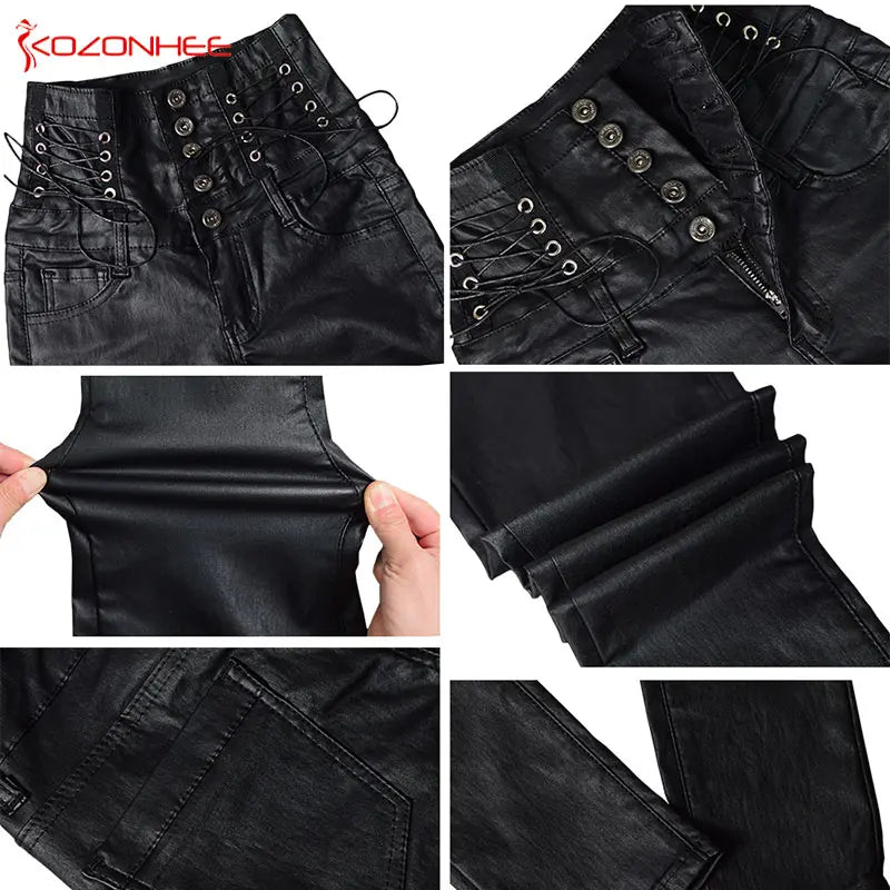 High-Waisted Faux Leather Skinny Pants - Sexy Black Coated Design with Stretch for Comfort. Side Lace-Up Detail