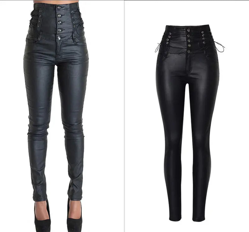 High-Waisted Faux Leather Skinny Pants - Sexy Black Coated Design with Stretch for Comfort. Side Lace-Up Detail