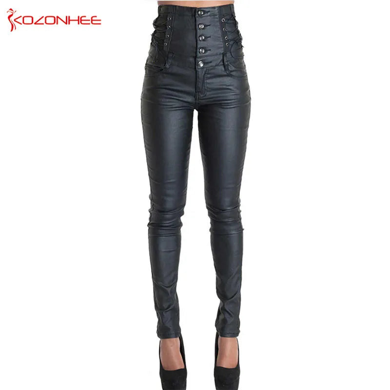 High-Waisted Faux Leather Skinny Pants - Sexy Black Coated Design with Stretch for Comfort. Side Lace-Up Detail