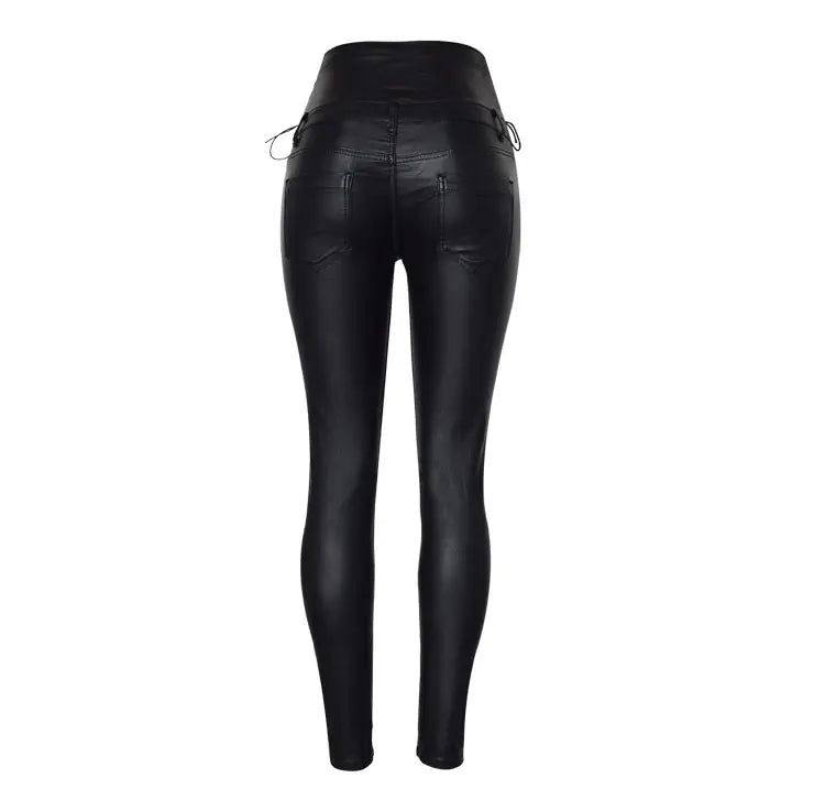 High-Waisted Faux Leather Skinny Pants - Sexy Black Coated Design with Stretch for Comfort. Side Lace-Up Detail