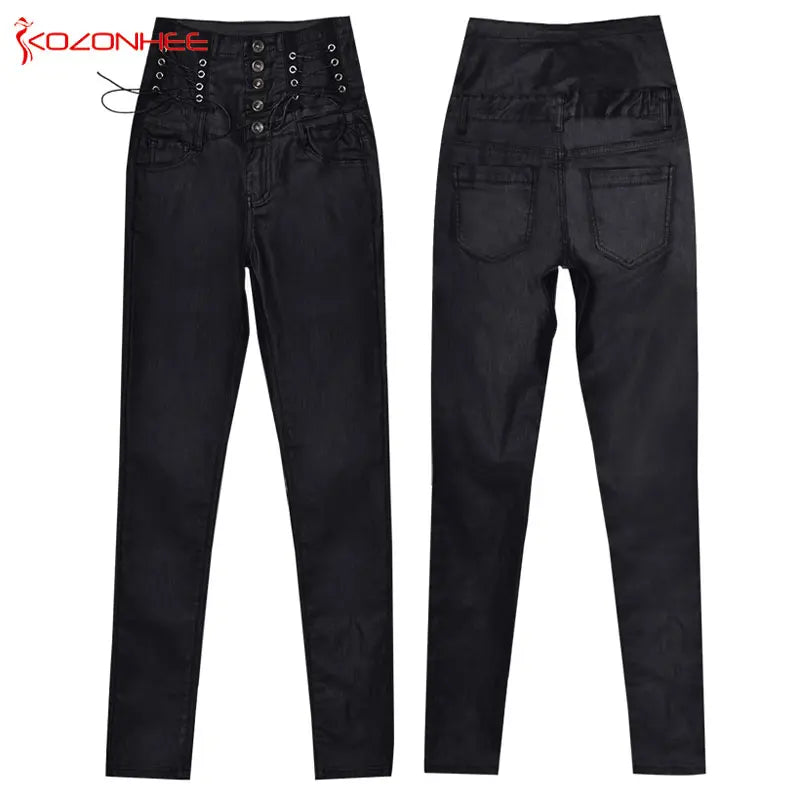 High-Waisted Faux Leather Skinny Pants - Sexy Black Coated Design with Stretch for Comfort. Side Lace-Up Detail