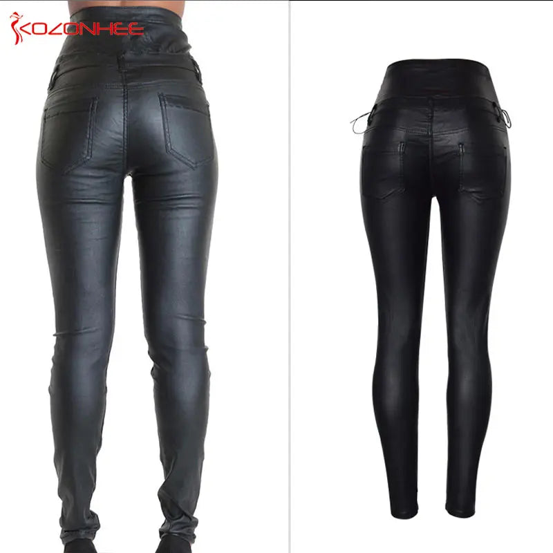 High-Waisted Faux Leather Skinny Pants - Sexy Black Coated Design with Stretch for Comfort. Side Lace-Up Detail