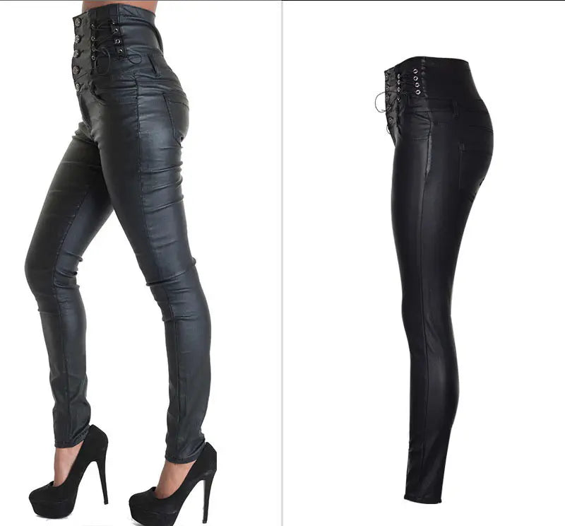 High-Waisted Faux Leather Skinny Pants - Sexy Black Coated Design with Stretch for Comfort. Side Lace-Up Detail