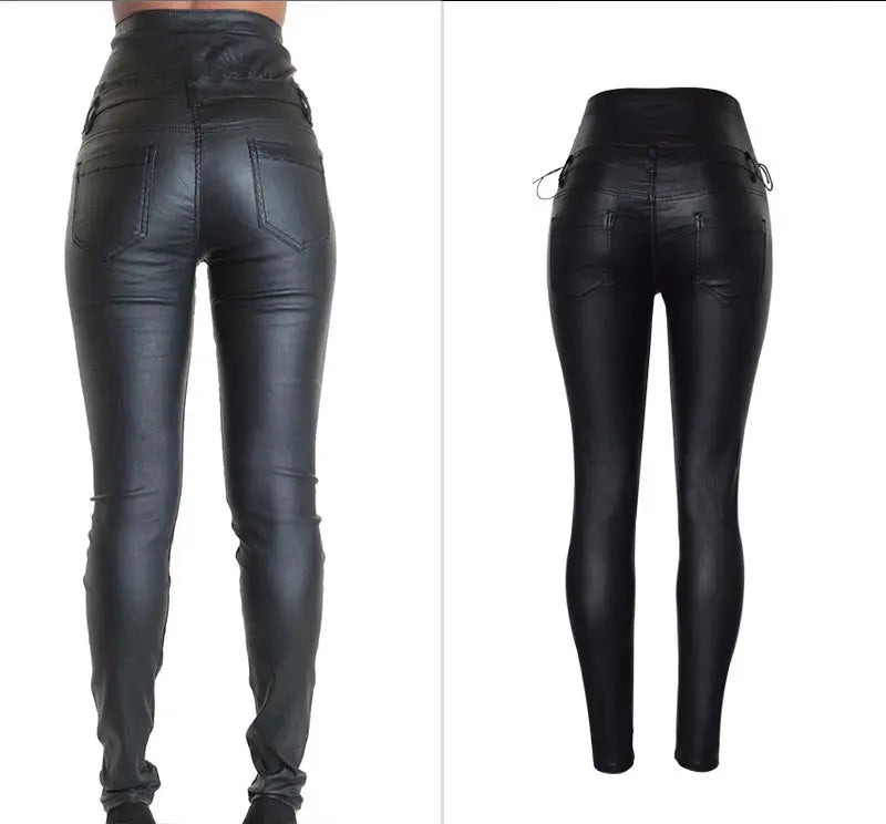 High-Waisted Faux Leather Skinny Pants - Sexy Black Coated Design with Stretch for Comfort. Side Lace-Up Detail