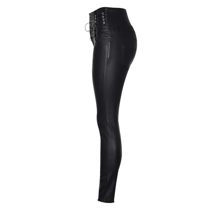 High-Waisted Faux Leather Skinny Pants - Sexy Black Coated Design with Stretch for Comfort. Side Lace-Up Detail