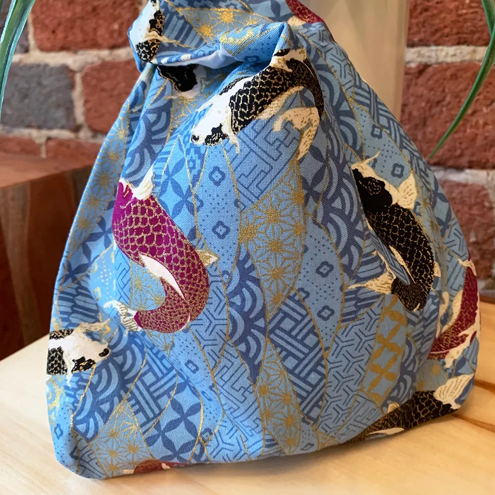 Japanese Knot Bag - Handmade, Koi Blue, Size S