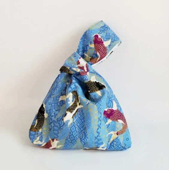 Japanese Knot Bag - Handmade, Koi Blue, Size S