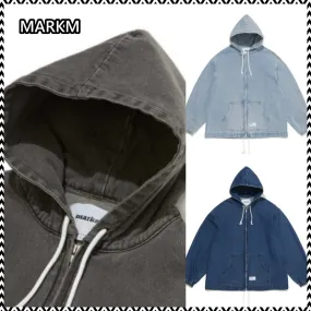 MARKM Denim Street Style Hoodies - Long Sleeves, Plain Cotton, Logo Design