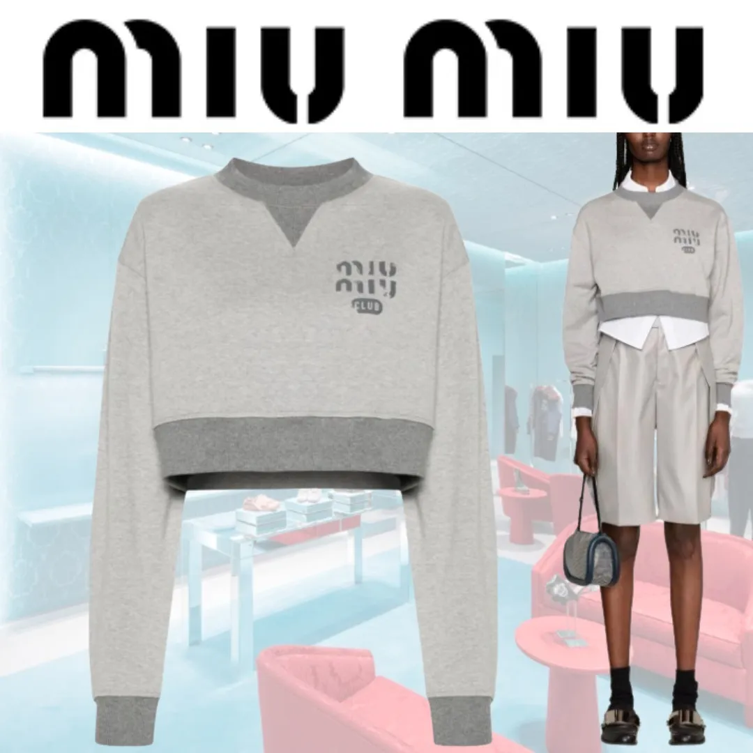 Miu Miu Crew Neck Street Style Long Sleeves Plain Cotton Logo