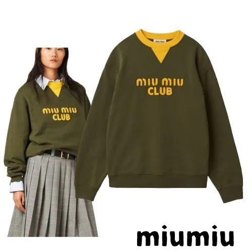 MiuMiu Street Style U-Neck Long Sleeve Plain Cotton Logo