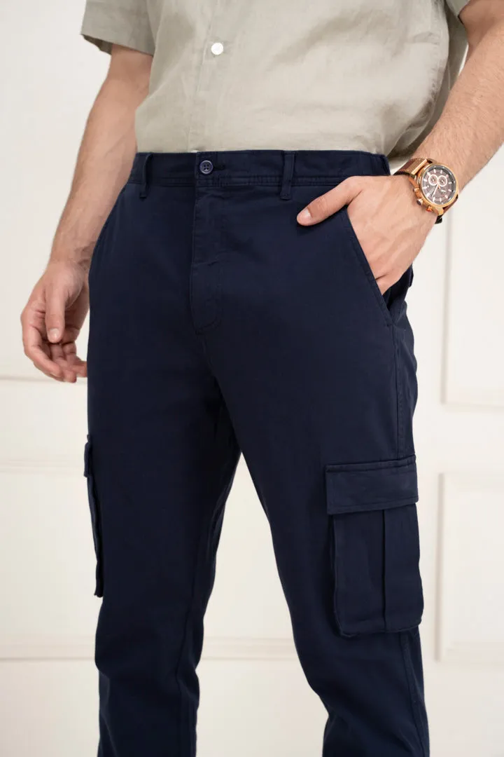 Navy Blue Slim Fit Stretch Cargo Trousers