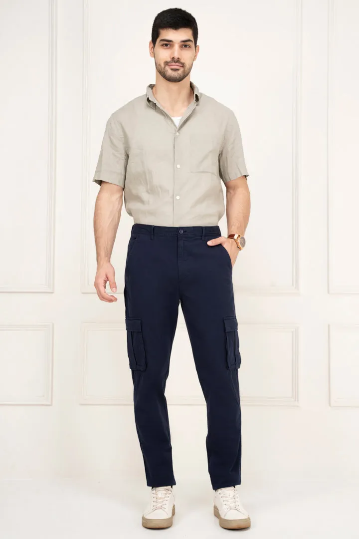 Navy Blue Slim Fit Stretch Cargo Trousers