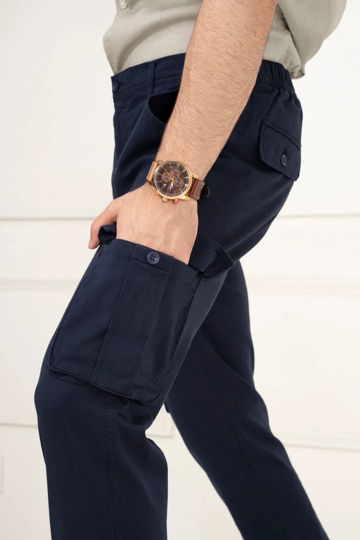 Navy Blue Slim Fit Stretch Cargo Trousers