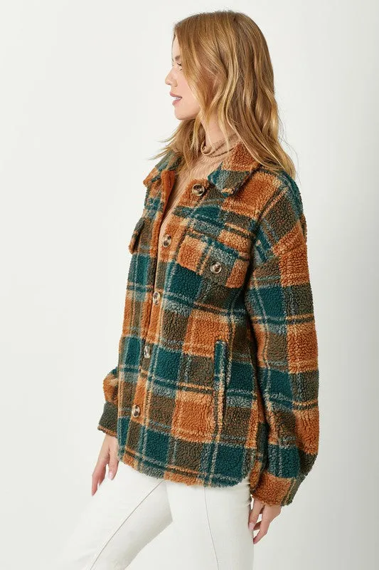 Plaid Print Faux Fur Shirt Jacket