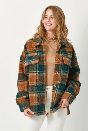 Plaid Print Faux Fur Shirt Jacket