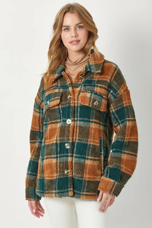 Plaid Print Faux Fur Shirt Jacket