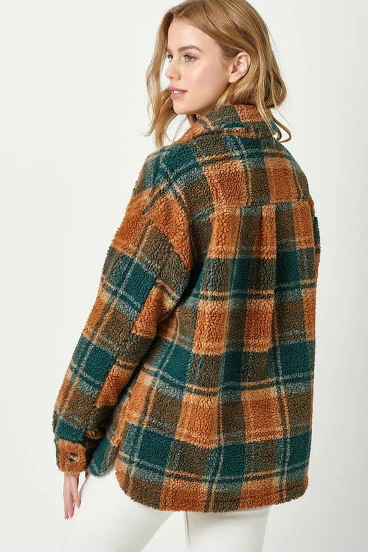 Plaid Print Faux Fur Shirt Jacket