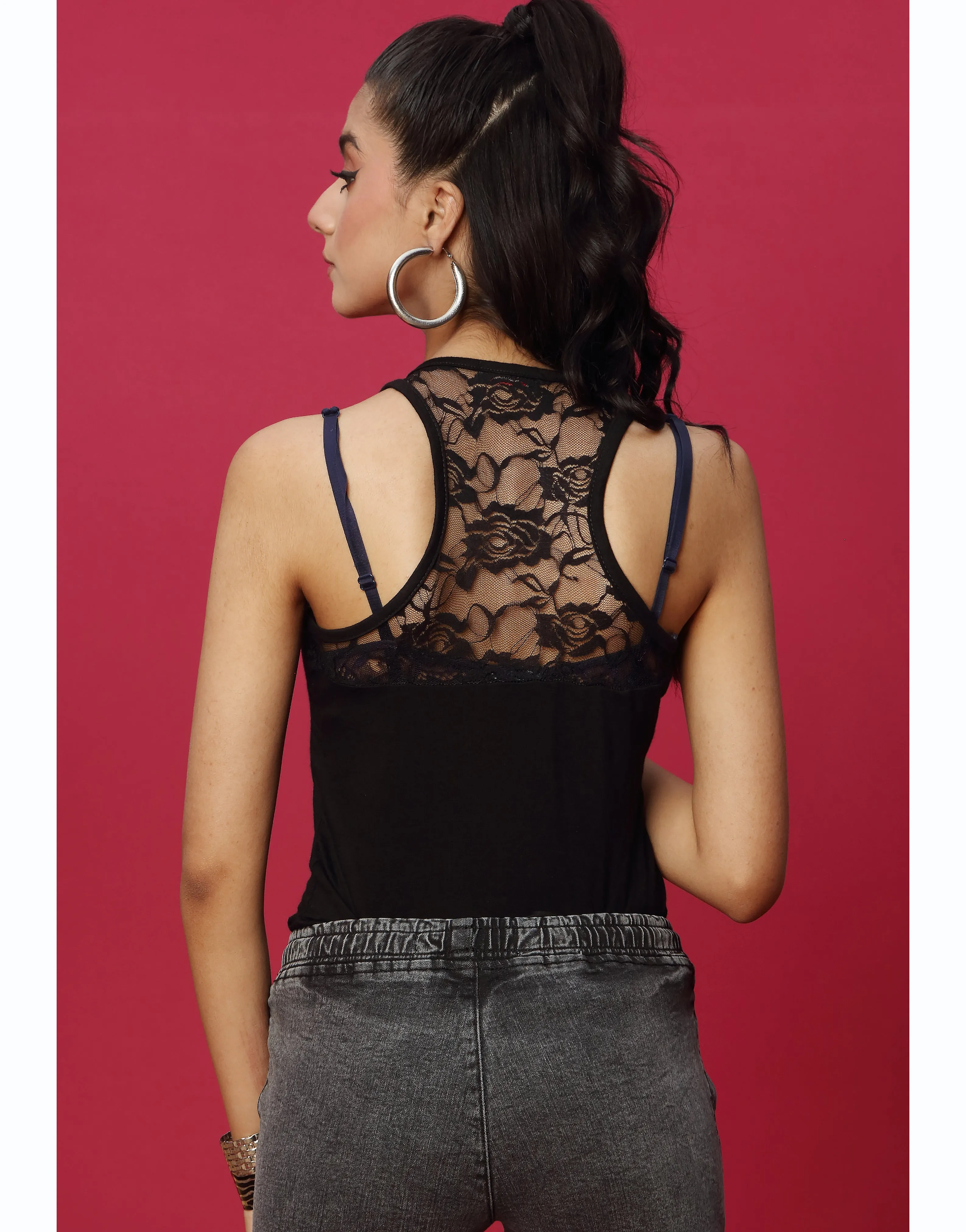 Racer back Lace Tank Top - Black